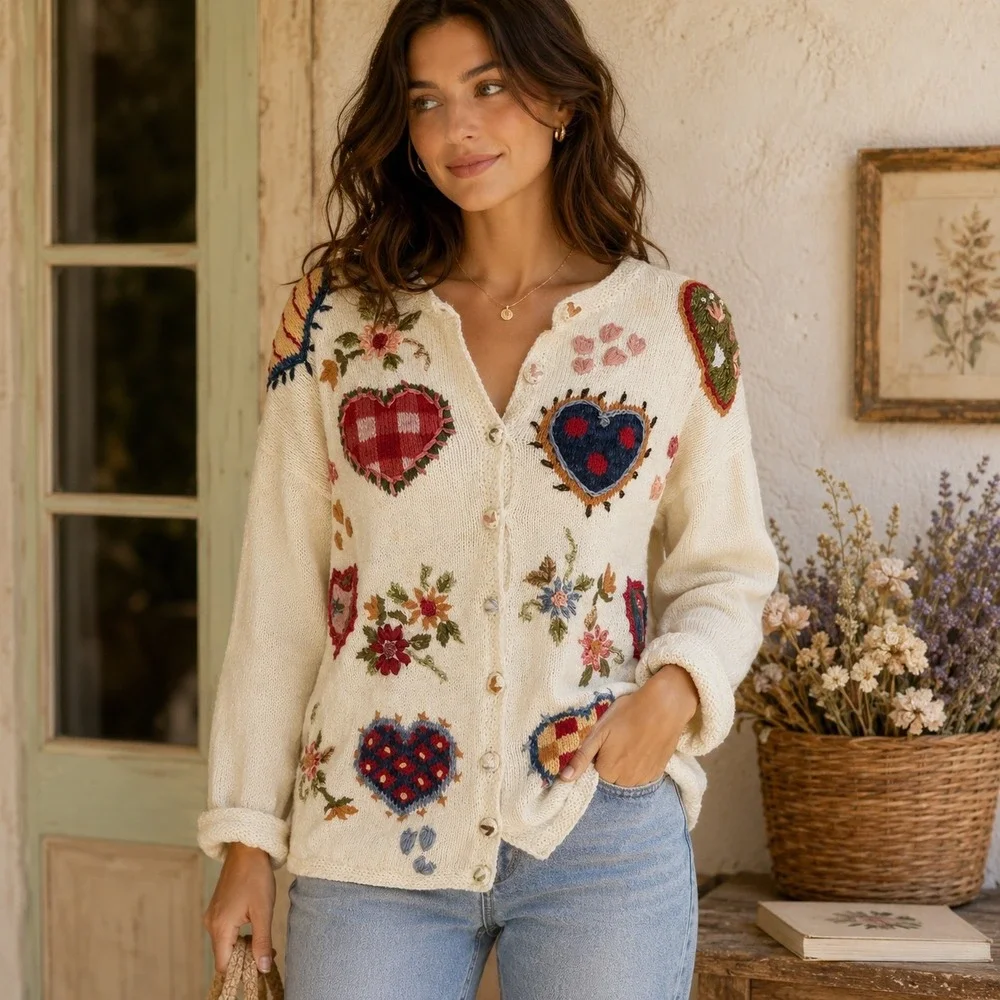 Tiara International Cardigan Womens‎ S Cream Embroidered Hearts Floral Vintage